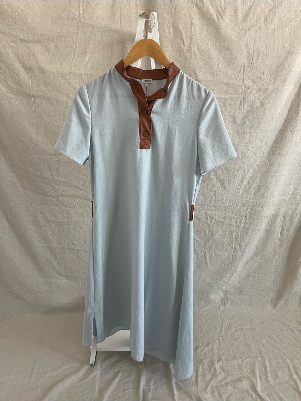 NWT LOEWE Spring 2018 Jonathan Anderson Pale Blue Leather-Trim Dress Size M